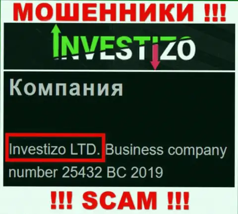 Данные о юр. лице Investizo Com на их интернет-портале имеются - это Investizo LTD