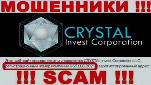 Номер регистрации компании CrystalInvest, скорее всего, что ненастоящий - 955 LLC 2021